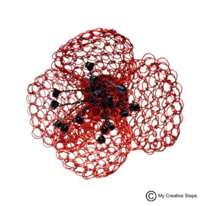 Broșă handmade mac din sârmă de cupru împletită